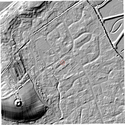 Shaded relief map of the ground around BS227DW, computed from Environment Agency LiDAR. The ground here sits at about 6 m above sea level and falls 18 m across the surrounding 800 m. Surface water reaching this point runs off ground lying to the south-south-east, 1.1 m higher.
