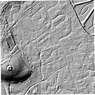 Shaded relief map of the ground around BS227DX, computed from Environment Agency LiDAR. The ground here sits at about 6 m above sea level and falls 18 m across the surrounding 800 m. Surface water reaching this point runs off ground lying to the south-south-west, 1.1 m higher.