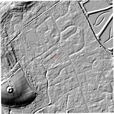 Shaded relief map of the ground around BS227DY, computed from Environment Agency LiDAR. The ground here sits at about 6 m above sea level and falls 18 m across the surrounding 800 m. Surface water reaching this point runs off ground lying to the south-south-west, 1.1 m higher.