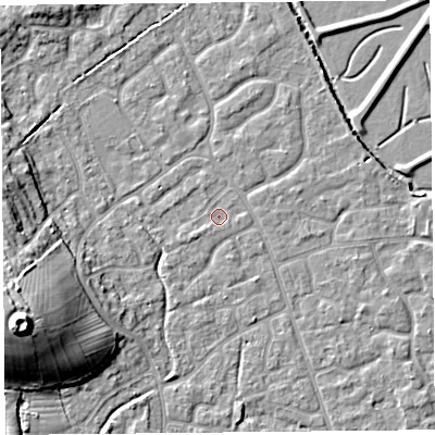 Shaded relief map of the ground around BS227DZ, computed from Environment Agency LiDAR. The ground here sits at about 6 m above sea level and falls 18 m across the surrounding 800 m. Surface water reaching this point runs off ground lying to the south-west, 1.1 m higher.