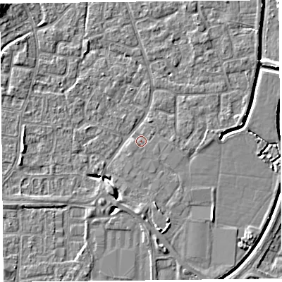 Shaded relief map of the ground around BS227EY, computed from Environment Agency LiDAR. The ground here sits at about 6 m above sea level and falls 8 m across the surrounding 800 m. Surface water reaching this point runs off ground lying to the west, 4.3 m higher.