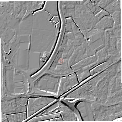 Shaded relief map of the ground around BS227EZ, computed from Environment Agency LiDAR. The ground here sits at about 6 m above sea level and falls 8 m across the surrounding 800 m. Surface water reaching this point runs off ground lying to the south, 8.1 m higher.