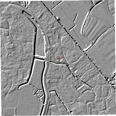 Shaded relief map of the ground around BS227FA, computed from Environment Agency LiDAR. The ground here sits at about 6 m above sea level and falls 4 m across the surrounding 800 m. Surface water reaching this point runs off ground lying to the north-west, 1.7 m higher.