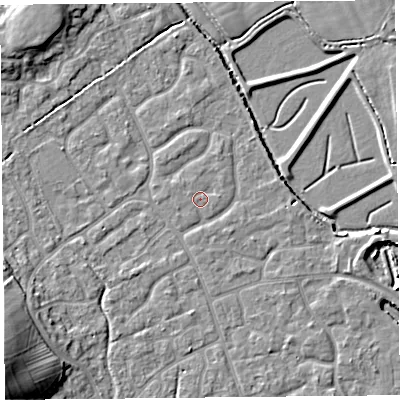 Shaded relief map of the ground around BS227FB, computed from Environment Agency LiDAR. The ground here sits at about 6 m above sea level and falls 12 m across the surrounding 800 m. Surface water reaching this point runs off ground lying to the north-west, 0.7 m higher.