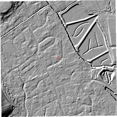 Shaded relief map of the ground around BS227FD, computed from Environment Agency LiDAR. The ground here sits at about 6 m above sea level and falls 9 m across the surrounding 800 m. Surface water reaching this point runs off ground lying to the east, 2.5 m higher.