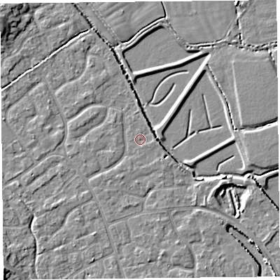 Shaded relief map of the ground around BS227FE, computed from Environment Agency LiDAR. The ground here sits at about 6 m above sea level and falls 6 m across the surrounding 800 m. Surface water reaching this point runs off ground lying to the east, 0.7 m higher.