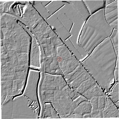 Shaded relief map of the ground around BS227FF, computed from Environment Agency LiDAR. The ground here sits at about 6 m above sea level and falls 5 m across the surrounding 800 m. Surface water reaching this point runs off ground lying to the south-east, 0.7 m higher.