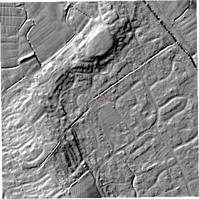 Shaded relief map of the ground around BS227FG, computed from Environment Agency LiDAR. The ground here sits at about 6 m above sea level and falls 14 m across the surrounding 800 m. Surface water reaching this point runs off ground lying to the south-west, 8.9 m higher.
