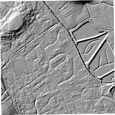 Shaded relief map of the ground around BS227FH, computed from Environment Agency LiDAR. The ground here sits at about 6 m above sea level and falls 13 m across the surrounding 800 m. Surface water reaching this point runs off ground lying to the east-north-east, 2.7 m higher.