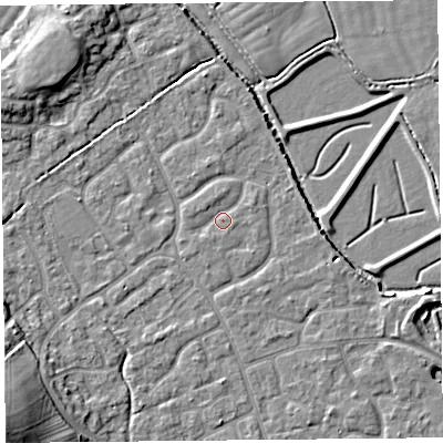 Shaded relief map of the ground around BS227FL, computed from Environment Agency LiDAR. The ground here sits at about 6 m above sea level and falls 13 m across the surrounding 800 m. Surface water reaching this point runs off ground lying to the north, 0.8 m higher.