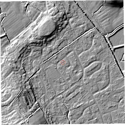 Shaded relief map of the ground around BS227FN, computed from Environment Agency LiDAR. The ground here sits at about 6 m above sea level and falls 14 m across the surrounding 800 m. Surface water reaching this point runs off ground lying to the south-west, 12.5 m higher.