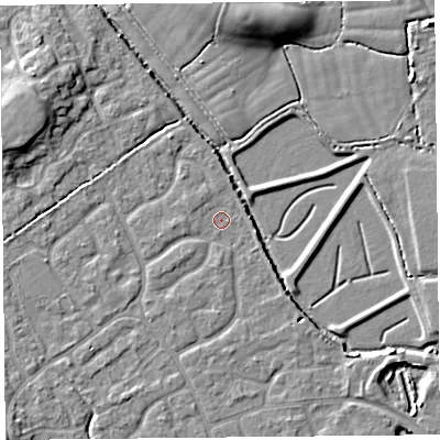 Shaded relief map of the ground around BS227FP, computed from Environment Agency LiDAR. The ground here sits at about 6 m above sea level and falls 8 m across the surrounding 800 m. Surface water reaching this point runs off ground lying to the east-south-east, 2.7 m higher.