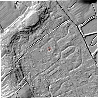 Shaded relief map of the ground around BS227FQ, computed from Environment Agency LiDAR. The ground here sits at about 6 m above sea level and falls 14 m across the surrounding 800 m. Surface water reaching this point runs off ground lying to the east-north-east, 1.0 m higher.