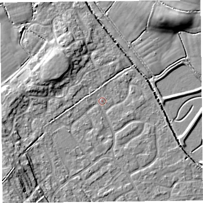 Shaded relief map of the ground around BS227FR, computed from Environment Agency LiDAR. The ground here sits at about 6 m above sea level and falls 11 m across the surrounding 800 m. Surface water reaching this point runs off ground lying to the east-south-east, 2.7 m higher.