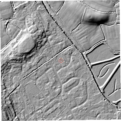 Shaded relief map of the ground around BS227FT, computed from Environment Agency LiDAR. The ground here sits at about 6 m above sea level and falls 10 m across the surrounding 800 m. Surface water reaching this point runs off ground lying to the north-east, 0.7 m higher.