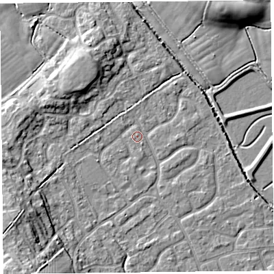 Shaded relief map of the ground around BS227FW, computed from Environment Agency LiDAR. The ground here sits at about 6 m above sea level and falls 12 m across the surrounding 800 m. Surface water reaching this point runs off ground lying to the east, 2.7 m higher.