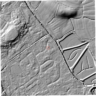 Shaded relief map of the ground around BS227FX, computed from Environment Agency LiDAR. The ground here sits at about 6 m above sea level and falls 8 m across the surrounding 800 m. Surface water reaching this point runs off ground lying to the south-south-west, 0.9 m higher.