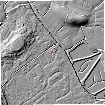 Shaded relief map of the ground around BS227FY, computed from Environment Agency LiDAR. The ground here sits at about 6 m above sea level and falls 8 m across the surrounding 800 m. Surface water reaching this point runs off ground lying to the east-north-east, 0.8 m higher.