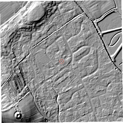 Shaded relief map of the ground around BS227GF, computed from Environment Agency LiDAR. The ground here sits at about 6 m above sea level and falls 18 m across the surrounding 800 m. Surface water reaching this point runs off ground lying to the west-north-west, 0.7 m higher.