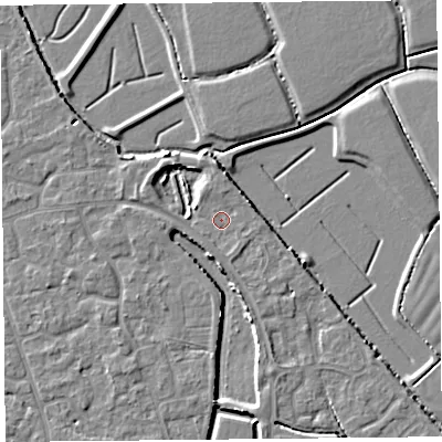 Shaded relief map of the ground around BS227GJ, computed from Environment Agency LiDAR. The ground here sits at about 6 m above sea level and falls 4 m across the surrounding 800 m. Surface water reaching this point runs off ground lying to the north-west, 3.5 m higher.