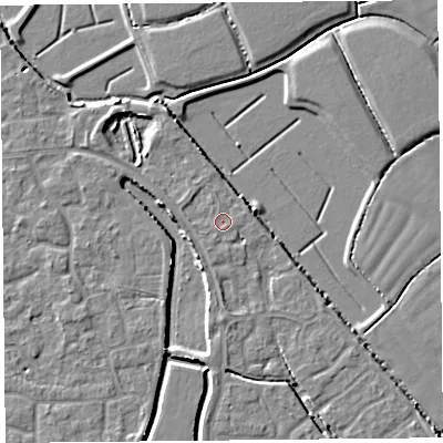 Shaded relief map of the ground around BS227GL, computed from Environment Agency LiDAR. The ground here sits at about 6 m above sea level and falls 4 m across the surrounding 800 m. Surface water reaching this point runs off ground lying to the south-west, 0.6 m higher.