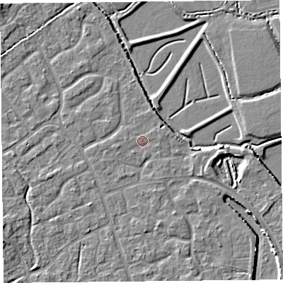 Shaded relief map of the ground around BS227HH, computed from Environment Agency LiDAR. The ground here sits at about 6 m above sea level and falls 4 m across the surrounding 800 m. Surface water reaching this point runs off ground lying to the north-east, 2.5 m higher.