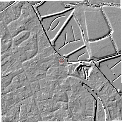 Shaded relief map of the ground around BS227HJ, computed from Environment Agency LiDAR. The ground here sits at about 6 m above sea level and falls 4 m across the surrounding 800 m. Surface water reaching this point runs off ground lying to the north-north-east, 0.8 m higher.