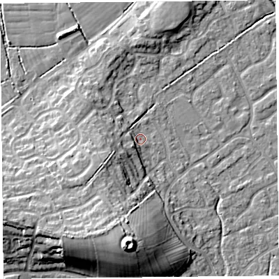 Shaded relief map of the ground around BS227HL, computed from Environment Agency LiDAR. The ground here sits at about 7 m above sea level and falls 18 m across the surrounding 800 m. Surface water reaching this point runs off ground lying to the south-west, 8.6 m higher.