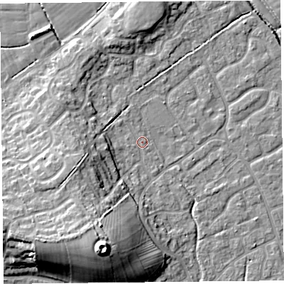 Shaded relief map of the ground around BS227HP, computed from Environment Agency LiDAR. The ground here sits at about 6 m above sea level and falls 18 m across the surrounding 800 m. Surface water reaching this point runs off ground lying to the south-west, 8.8 m higher.