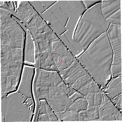 Shaded relief map of the ground around BS227JH, computed from Environment Agency LiDAR. The ground here sits at about 6 m above sea level and falls 5 m across the surrounding 800 m. The ground contributing surface water to this point lies to the east-south-east.
