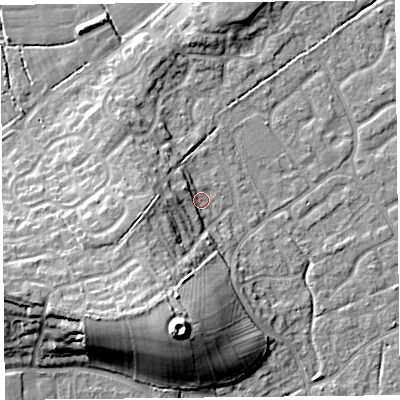 Shaded relief map of the ground around BS227JX, computed from Environment Agency LiDAR. The ground here sits at about 7 m above sea level and falls 17 m across the surrounding 800 m. Surface water reaching this point runs off ground lying to the south-south-west, 12.0 m higher.