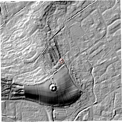 Shaded relief map of the ground around BS227JY, computed from Environment Agency LiDAR. The ground here sits at about 9 m above sea level and falls 17 m across the surrounding 800 m. Surface water reaching this point runs off ground lying to the south-south-west, 11.4 m higher.