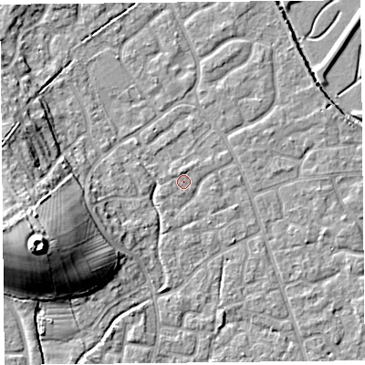 Shaded relief map of the ground around BS227JZ, computed from Environment Agency LiDAR. The ground here sits at about 6 m above sea level and falls 18 m across the surrounding 800 m. Surface water reaching this point runs off ground lying to the north, 0.8 m higher.