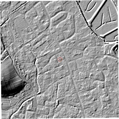 Shaded relief map of the ground around BS227LU, computed from Environment Agency LiDAR. The ground here sits at about 6 m above sea level and falls 14 m across the surrounding 800 m. Surface water reaching this point runs off ground lying to the west-south-west, 0.8 m higher.