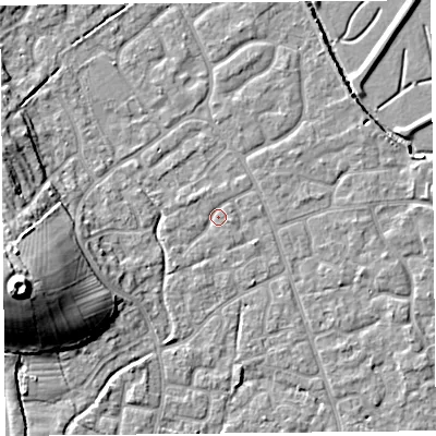 Shaded relief map of the ground around BS227LX, computed from Environment Agency LiDAR. The ground here sits at about 6 m above sea level and falls 18 m across the surrounding 800 m. Surface water reaching this point runs off ground lying to the north-west, 1.1 m higher.