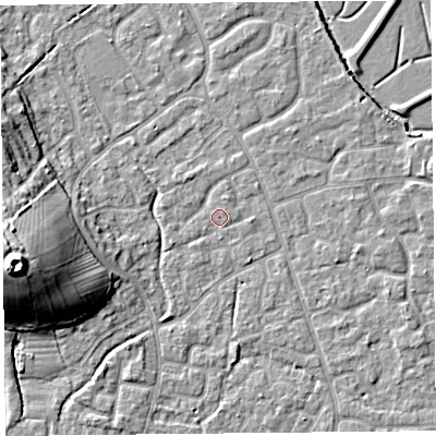 Shaded relief map of the ground around BS227LY, computed from Environment Agency LiDAR. The ground here sits at about 6 m above sea level and falls 18 m across the surrounding 800 m. Surface water reaching this point runs off ground lying to the north-west, 1.1 m higher.
