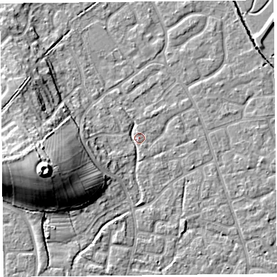 Shaded relief map of the ground around BS227LZ, computed from Environment Agency LiDAR. The ground here sits at about 6 m above sea level and falls 18 m across the surrounding 800 m. Surface water reaching this point runs off ground lying to the west-south-west, 3.4 m higher.