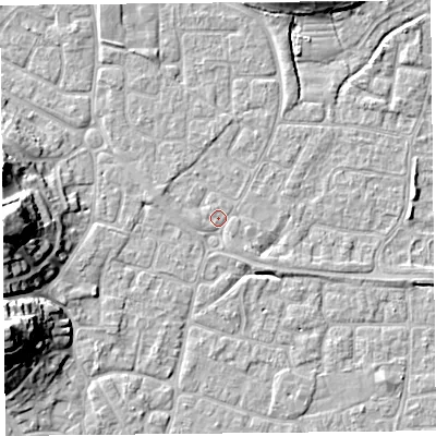 Shaded relief map of the ground around BS227NZ, computed from Environment Agency LiDAR. The ground here sits at about 6 m above sea level and falls 19 m across the surrounding 800 m. Surface water reaching this point runs off ground lying to the west-north-west, 1.1 m higher.
