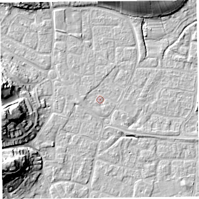 Shaded relief map of the ground around BS227PA, computed from Environment Agency LiDAR. The ground here sits at about 6 m above sea level and falls 20 m across the surrounding 800 m. Surface water reaching this point runs off ground lying to the west, 1.1 m higher.
