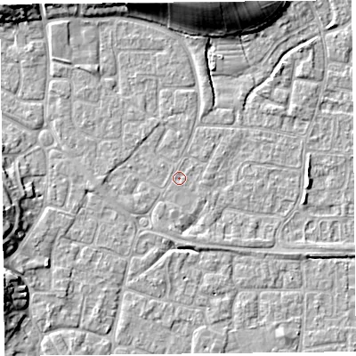 Shaded relief map of the ground around BS227PB, computed from Environment Agency LiDAR. The ground here sits at about 6 m above sea level and falls 12 m across the surrounding 800 m. Surface water reaching this point runs off ground lying to the south, 0.6 m higher.
