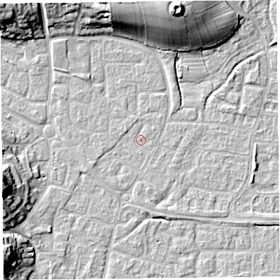 Shaded relief map of the ground around BS227PD, computed from Environment Agency LiDAR. The ground here sits at about 6 m above sea level and falls 17 m across the surrounding 800 m. Surface water reaching this point runs off ground lying to the west-south-west, 1.1 m higher.