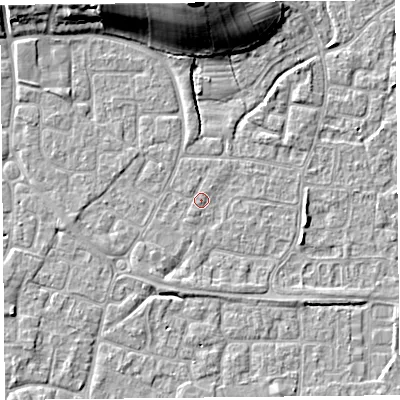 Shaded relief map of the ground around BS227PE, computed from Environment Agency LiDAR. The ground here sits at about 6 m above sea level and falls 16 m across the surrounding 800 m. Surface water reaching this point runs off ground lying to the south-west, 0.6 m higher.