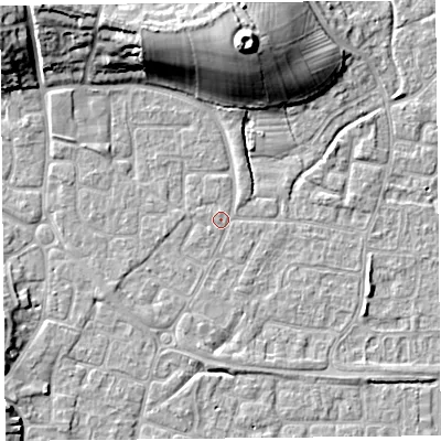 Shaded relief map of the ground around BS227PF, computed from Environment Agency LiDAR. The ground here sits at about 6 m above sea level and falls 17 m across the surrounding 800 m. Surface water reaching this point runs off ground lying to the north, 13.0 m higher.