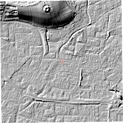 Shaded relief map of the ground around BS227PG, computed from Environment Agency LiDAR. The ground here sits at about 6 m above sea level and falls 19 m across the surrounding 800 m. Surface water reaching this point runs off ground lying to the north-north-west, 13.0 m higher.