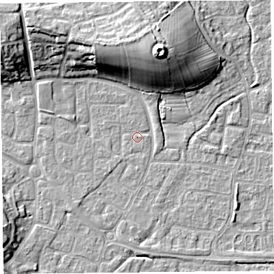 Shaded relief map of the ground around BS227PH, computed from Environment Agency LiDAR. The ground here sits at about 6 m above sea level and falls 17 m across the surrounding 800 m. Surface water reaching this point runs off ground lying to the north-west, 5.0 m higher.