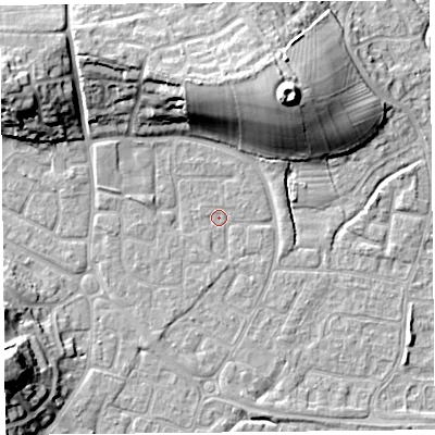 Shaded relief map of the ground around BS227PJ, computed from Environment Agency LiDAR. The ground here sits at about 6 m above sea level and falls 17 m across the surrounding 800 m. Surface water reaching this point runs off ground lying to the north-west, 5.0 m higher.