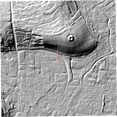 Shaded relief map of the ground around BS227PL, computed from Environment Agency LiDAR. The ground here sits at about 6 m above sea level and falls 17 m across the surrounding 800 m. Surface water reaching this point runs off ground lying to the north, 12.8 m higher.