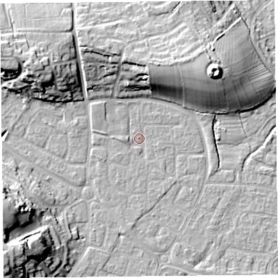 Shaded relief map of the ground around BS227PN, computed from Environment Agency LiDAR. The ground here sits at about 6 m above sea level and falls 21 m across the surrounding 800 m. Surface water reaching this point runs off ground lying to the north-north-west, 5.0 m higher.