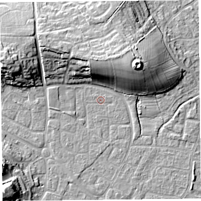 Shaded relief map of the ground around BS227PP, computed from Environment Agency LiDAR. The ground here sits at about 6 m above sea level and falls 17 m across the surrounding 800 m. Surface water reaching this point runs off ground lying to the north-north-east, 12.8 m higher.