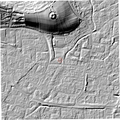 Shaded relief map of the ground around BS227PQ, computed from Environment Agency LiDAR. The ground here sits at about 6 m above sea level and falls 19 m across the surrounding 800 m. Surface water reaching this point runs off ground lying to the north-north-west, 13.0 m higher.
